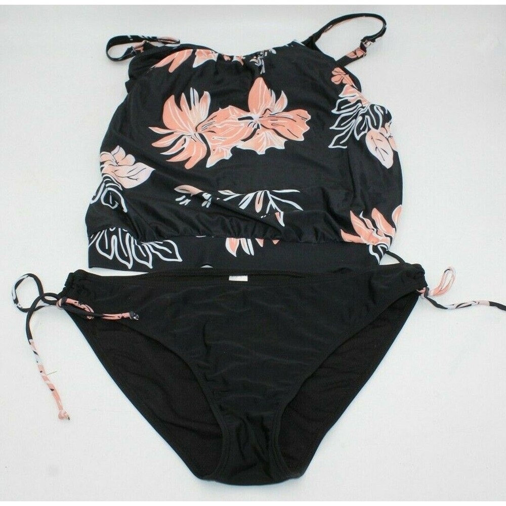 Two Piece Tankini Womens Modest Bikini Swimsuit Black Floral Size LARGE CUTE New